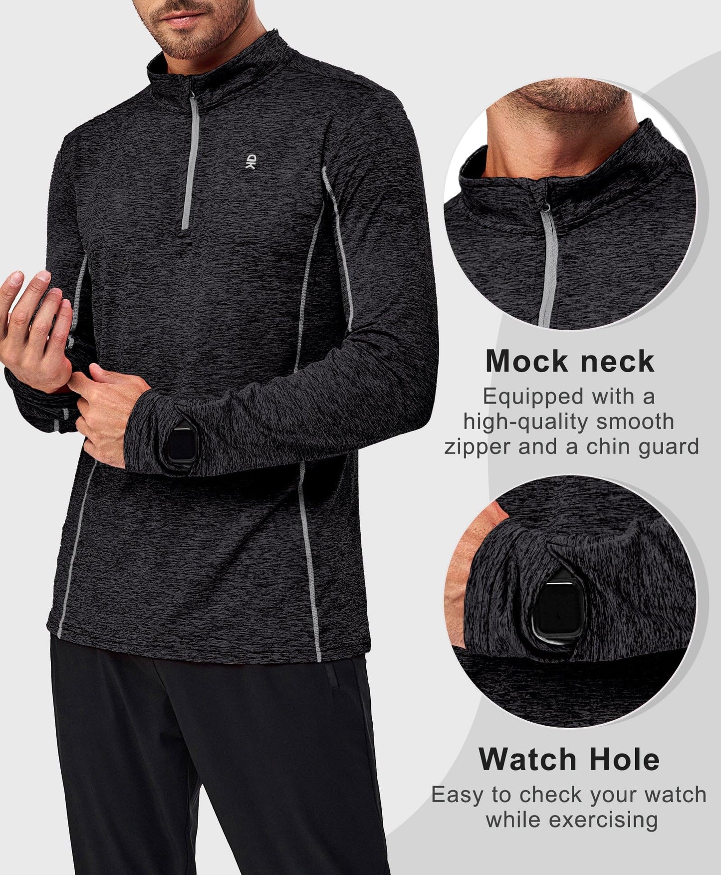 Little Donkey Andy Men's 1/4 Zip Pullover UPF 50+ Long Sleeve Moisture Wicking Golf Shirts Lightweight Athletic Workout Shirt (Black Heather L)