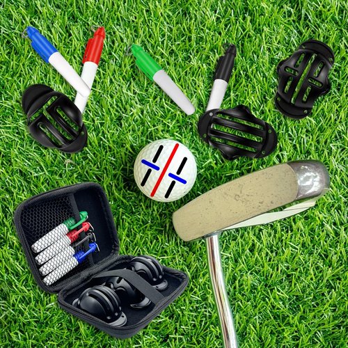 HIFQUI Golf Ball Marker Set with Carry Case, 3 Golf Ball Marking Stencils and 4 Colors Golf Ball Markers, Golf Ball Marker Liner Drawing Marker, Golf Ball Alignment Marking Tool