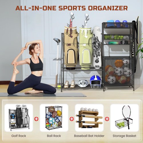 Homiesetify Garage Sports Equipment Organizer, 3 Golf Bag Organizer Stand Heavy-Duty Ball Storage Rack with Basket and Hooks, Ball Storage Cart for Toy Sports Gear Storage, Black