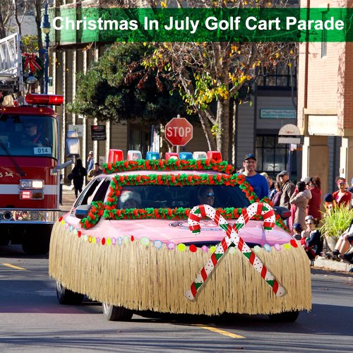 Weysat 8 Pcs Christmas Golf Cart Decorations Kit Hawaiian Leis Red and Green Flower Banner Luau Grass Tropical Car Skirt Candy Canes Balloons for Christmas Golf Cart Parade