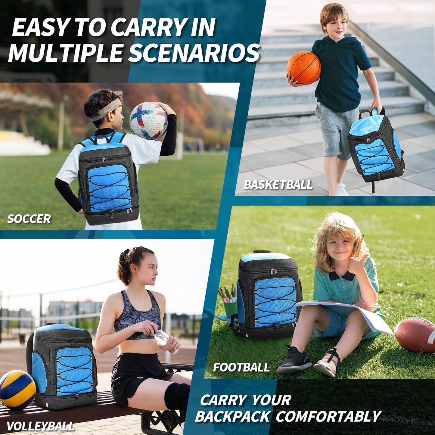 Ciihars Soccer Backpack,Soccer Bag with Ball Holder,Sport Equipment Bags Includes Separate Cleat Shoe and Ball Compartment Fit Basketball Volleyball Football (sport soccer bag 2025 BLUE)