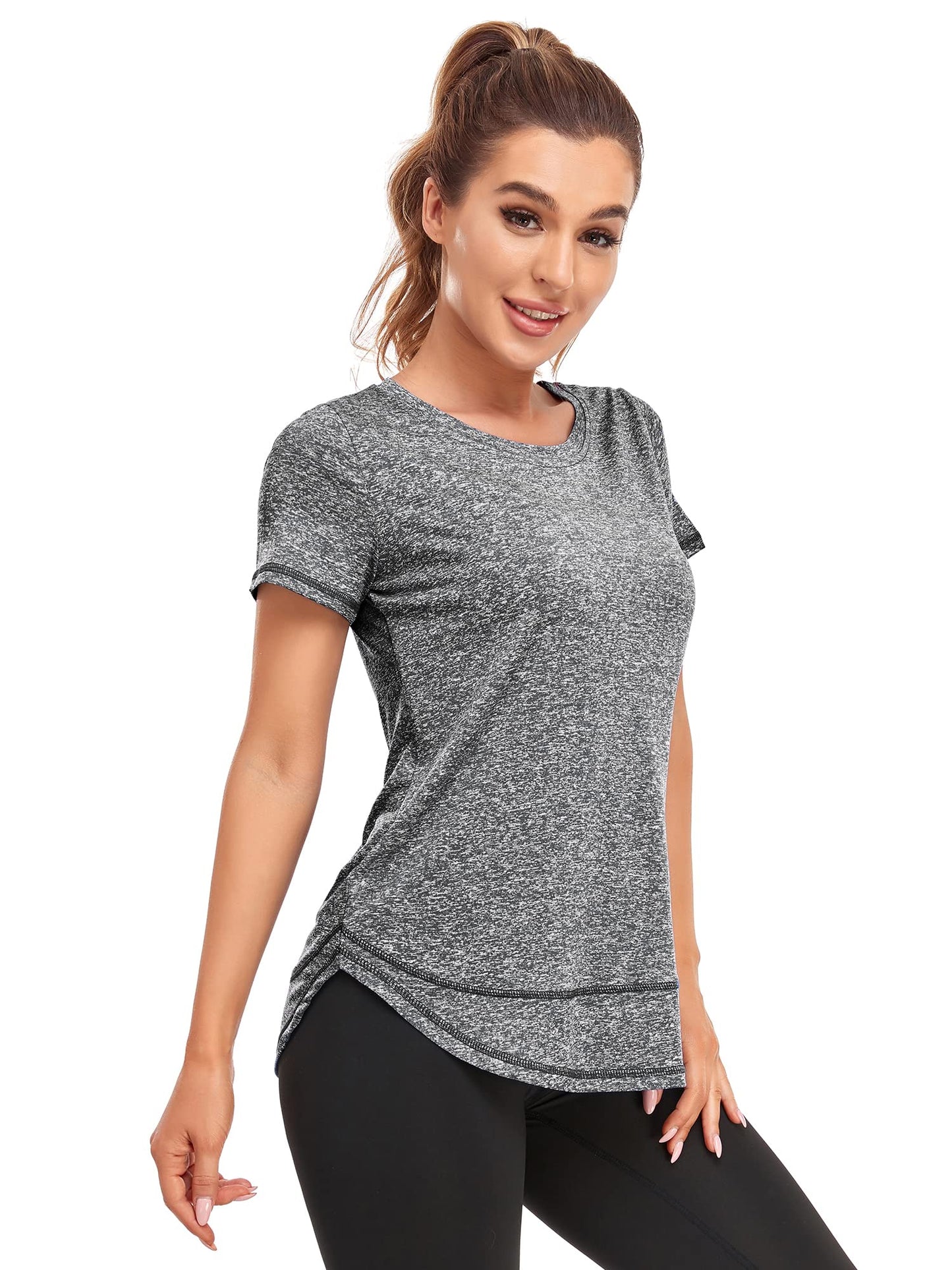 Abrooical Womens Crew Neck Casual Workout Tops Activewear Yoga Gym Sports Shirts Stretch Tunic Dark Grey X-Large
