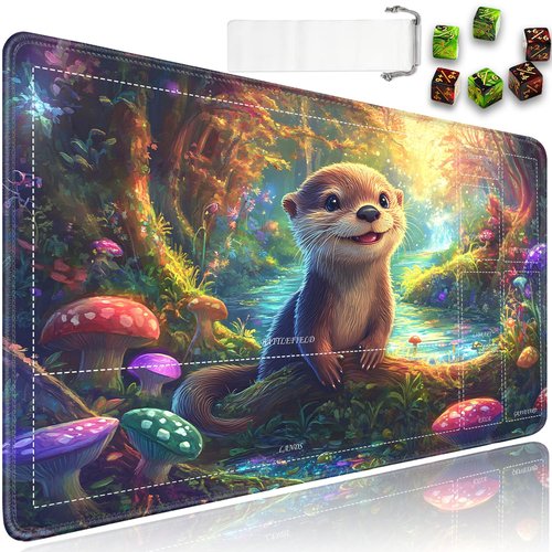 for TCG Playmat with Waterproof Storage Bag and 6 Dice, Non-Slip Rubber Base for MTG Playmat with Zones, 24 x 14 inches Trading Card Game Mat Board Game Desk Mat, Forest Cute Otter Pattern