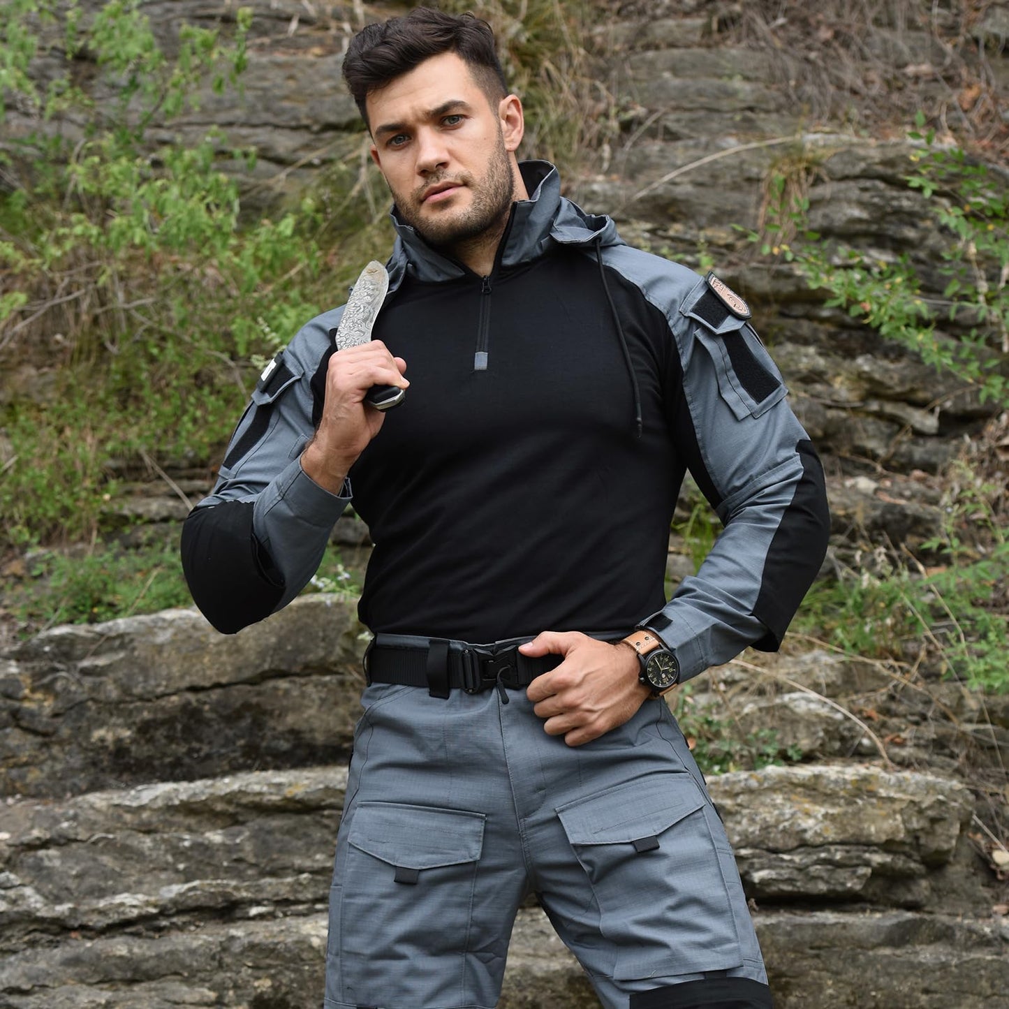 HAN·WILD Men's Tactical Shirt 1/4 Zip Long Sleeve Combat Airsoft Shirts with Elbow Pads Military T-Shirt with Hood