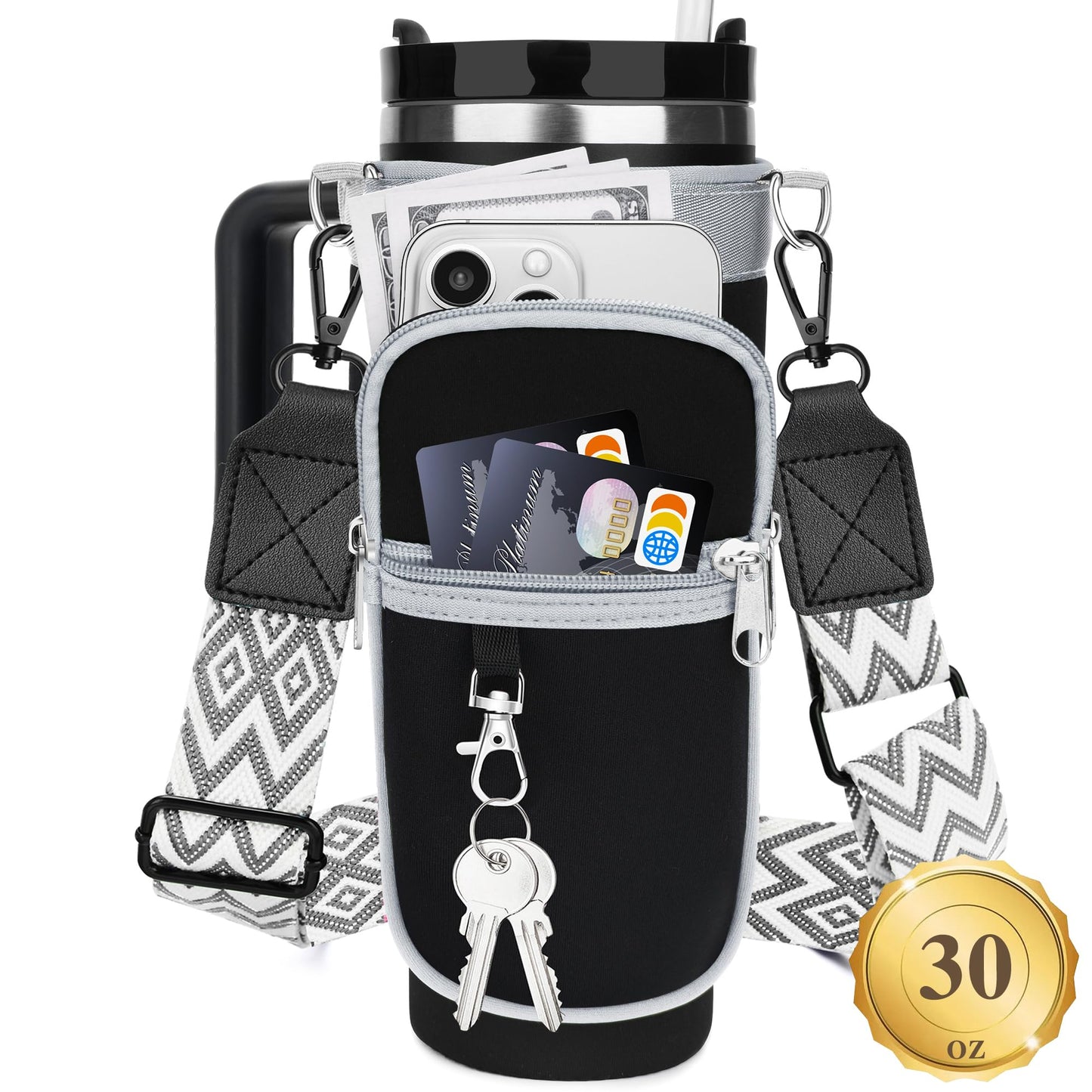 Sernaxi Water Bottle Carrier Bag with Strap for Stanley 40/30 oz Tumbler with Handle, Water Bottle Holder Pouch with Phone Pocket for Stanley Cup Accessories, fit Walking Hiking Travel