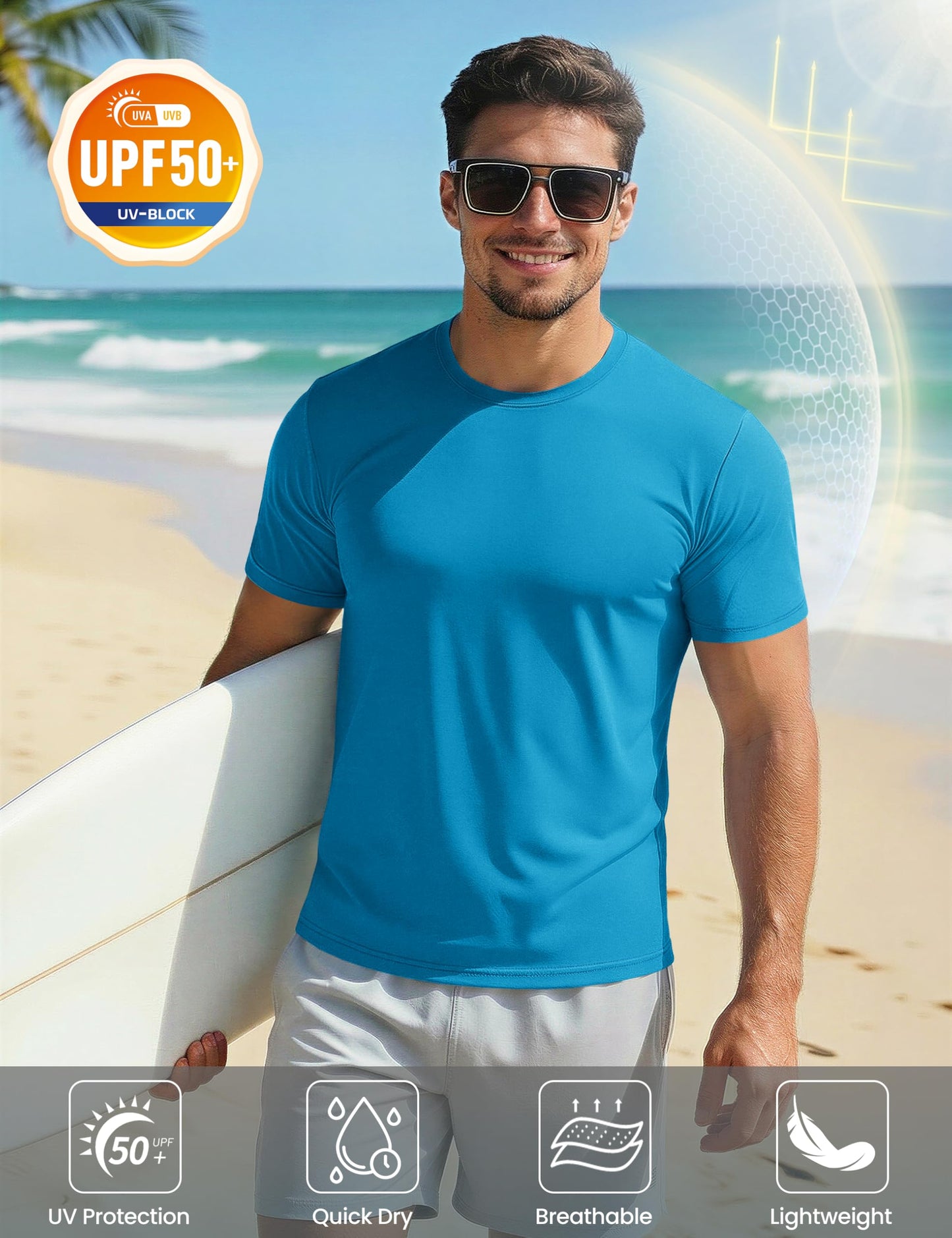 Mens Sun Shirts Quick Dry T-Shirt Short Sleeve Running Shirt Sun Protection UPF 50 Performance Shirts Crew Neck Shirts Blue Green