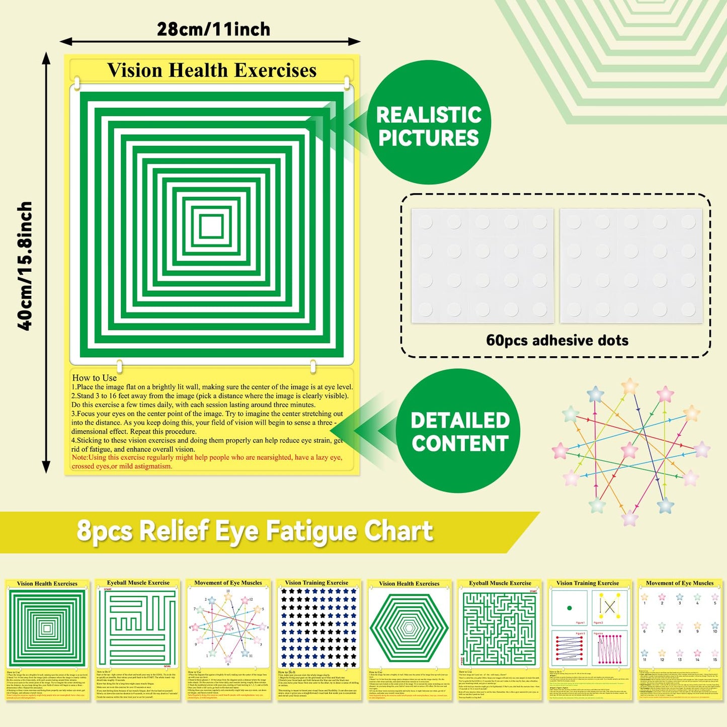 8 Pack Eye Exercise Chart- Visual Muscle Relaxation Chart Eye Fatigue Relief Eye Training Posters Eyes Strain Vision Therapy 3D Visual Stimulation Wall Art for Home School Classroom Office Desk Signs