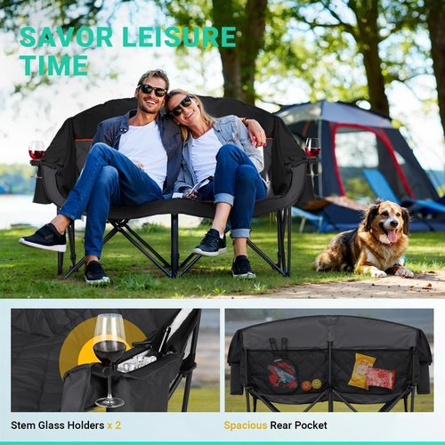 Overmont Oversized Double Camping Chair - 2 Person Comfort Couch Chair Loveseat for Adults - Heavy Duty Lawn Chairs with Cooling Bag&Wine Racks - Support 850LBS Black