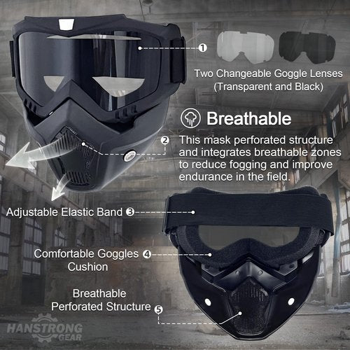 Airsoft Helmet and Mask Tactical Paintball Black PJ Type Fast Helmet with Detachable Adjustable Goggles Airsoft Full Face Masks Protection