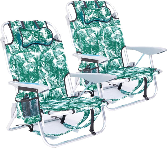 2 Pack Lightweight Portable Camping Beach Chair for Adults, Outdoor Lay Flat Folding Beach Chairs with 5 Positions, Backpack Beach Chair with Towel Bar, Zipper Pouch, Cup Holder, Ocean Striped