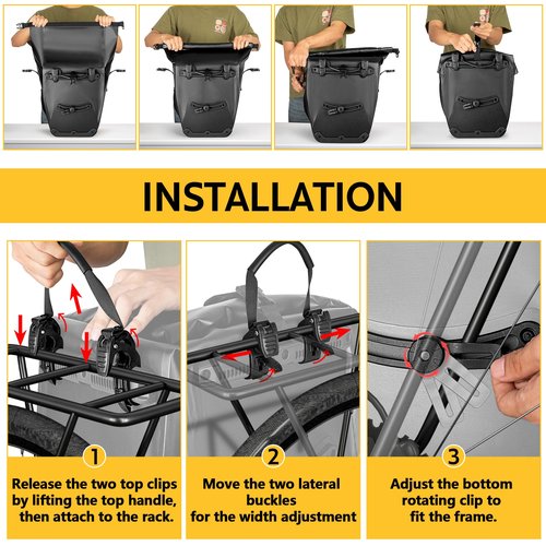Smasrob Waterproof Bike Panniers, 30L Rear Bike Rack Bag with Multiple Pockets and Adjustable Clips, Bicycle Pannier Fits Most Bike Racks, Black (1 Bag)