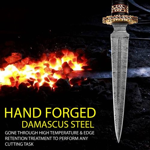 Handmade Damascus Steel Dagger Knife Set, 12.5" Fixed Blade, Camel Bone & Bull Horn Handle, Sharp Outdoor Hunting Knife with Sheath – Premium Quality (Black)