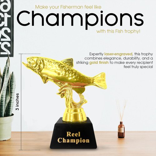Vaulted Skulls & Co Fish Trophy | Reel Champion Trophies | Golden Fishing Trophy | Big Fish Trophy | Award for Fish Derbies and Fishing Tournaments | Fishing Prizes | Gold/Black | 3"