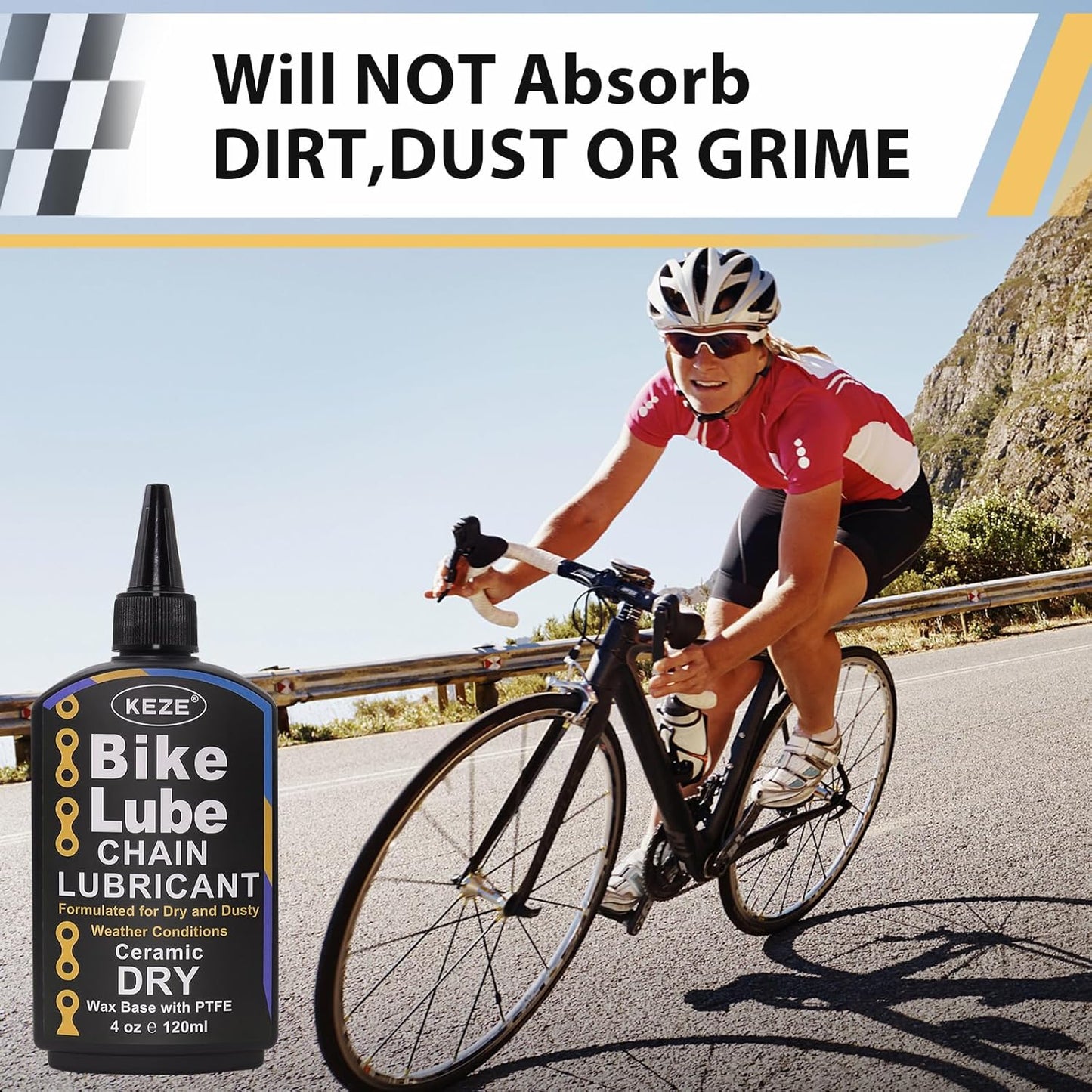 Keze Dry Bike Chain Lube MTB Mountain Bicycle Chain Oil Ceramic Bike Lube with PTFE Ebike Lubricant Against Wear, Reduces Friction Noise & Chainsuck, for Dry and Dusty Weather Conditions, 120 ml