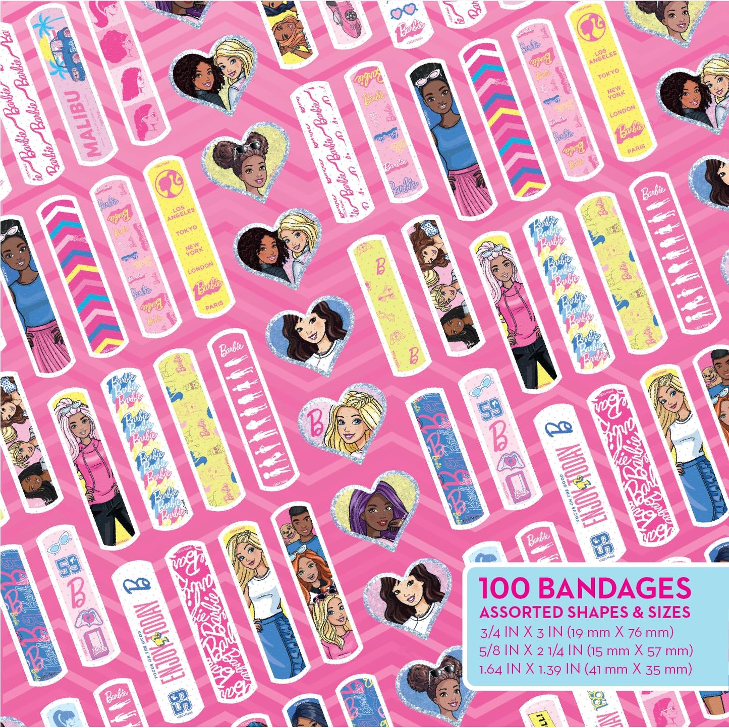 Barbie Antibacterial Kids Bandages, 3 Assorted Sizes 100 CT | Wear Like Stickers, Flexible Adhesive Bandages for Minor Cuts, Scrapes, and Burns. Great Gift idea for Kids