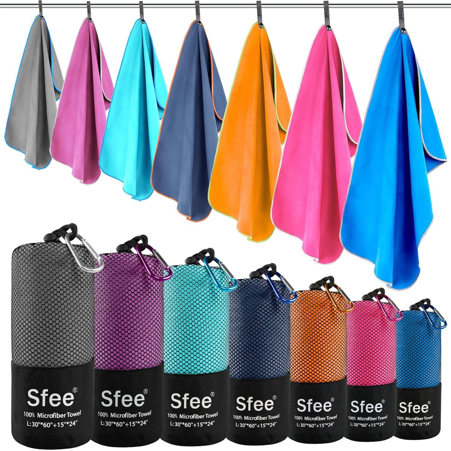 Sfee 2 Pack Microfiber Travel Towel, Quick Dry Camping Towel Large Beach Towel Super Absorbent Compact Lightweight Sports Gym Towels Set for Beach, Gym, Hiking, Pool, Backpacking,Bath,Yoga