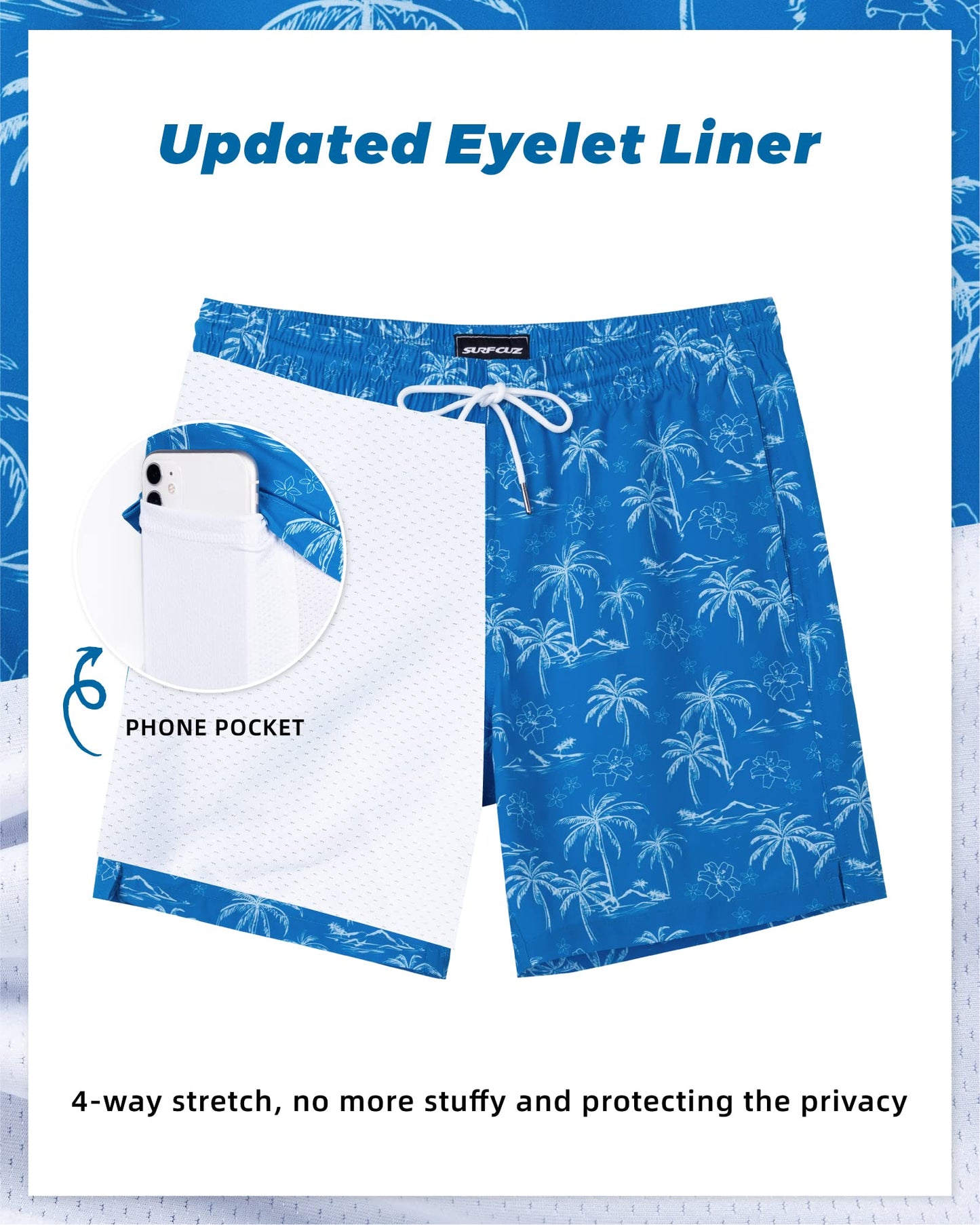 SURF CUZ Mens Swim Trunks with Compression Liner Quick Dry Swim Shorts 7" Swimming Trunks Stretch Zipper Pockets Blue Palm Island Large
