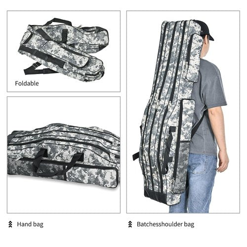 LEOFISHING Portable 3 Layers Fishing Pole Bag Durable Oxford Folding Fishing Rod Reel Carry Case Tackle Storage Bag Case Waterproof Camouflage Travel Fishing Carrier (Yellow Camouflage, 150cm/59in)