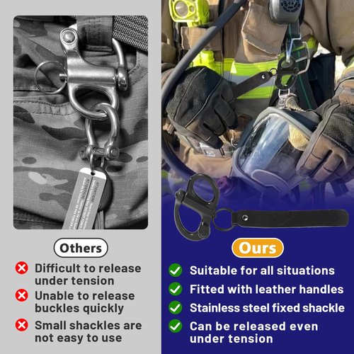 standwme 2-Pack Quick Release Clip Shackle for SCBA Mask - Firefighter Accessories, Quick Release Lanyard, Marine Grade 316 Stainless Steel Shackle for Rigging with Leather Handle（Black）
