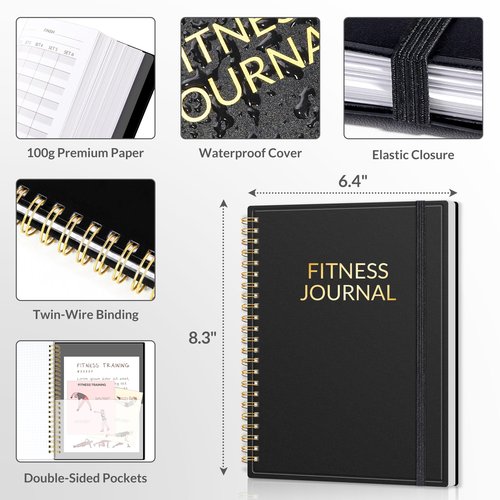 Fitness Journal Workout Planner for Women & Men, A5 (6.4" x 8.3") Workout Journal Log Book Planner Gift for Track Gym Essentials, Home Workouts, Track Progress, Achieve Wellness Goals, Black