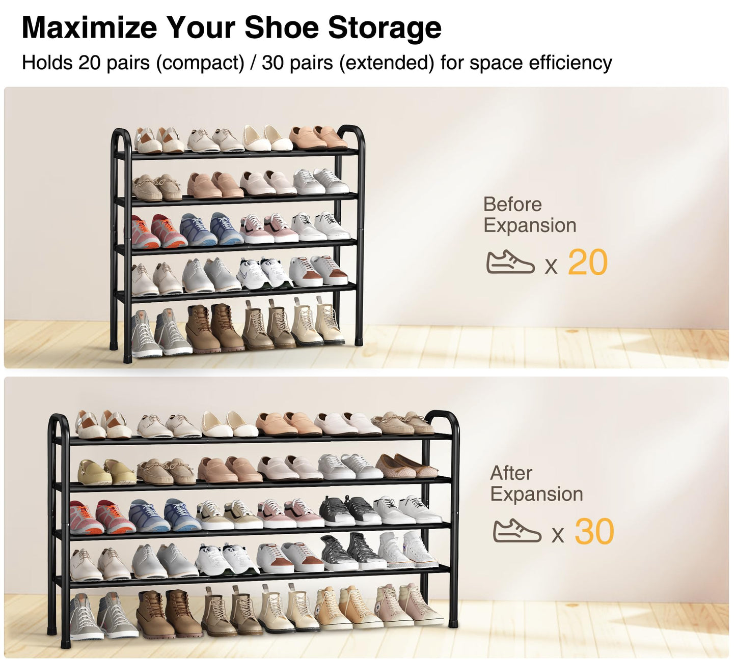 STO STO Long Expandable Shoe Rack 4-Tier, Adjustable Length 33.7”–47.5” Shoe Organizer, Metal Shoes Storage Shelf, Holds Up to 30 Pairs, Non-Slip Feet, for Closet, Entryway, Hallway, Front Door, Black