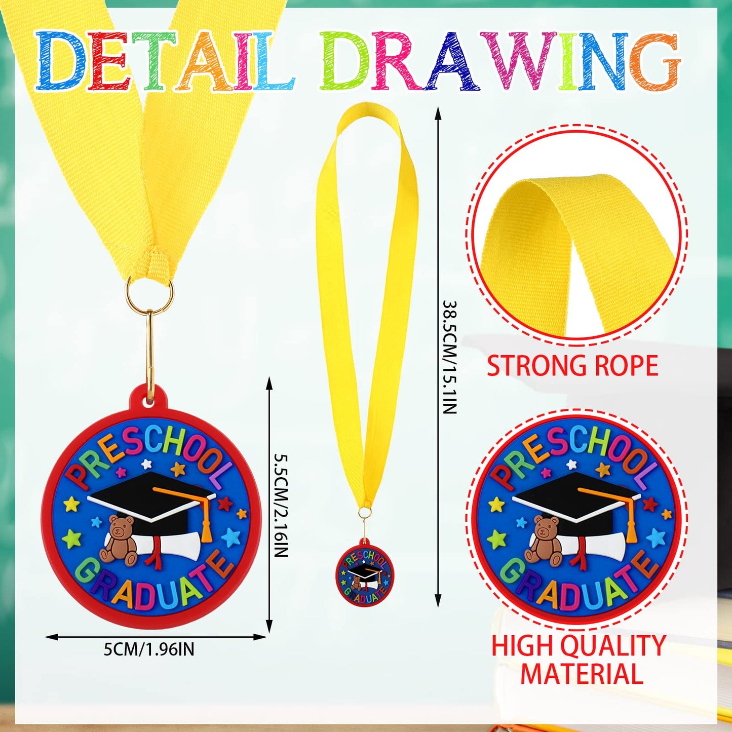 Sratte 24 Pcs Kindergarten Prek Preschool Graduation Medals for Kids, Bulk Kinder Pre-k Graduation Gifts with Yellow Ribbon, End of Year Student Gifts Party Favors Supplies, 2 Inch (Graduate Cap)
