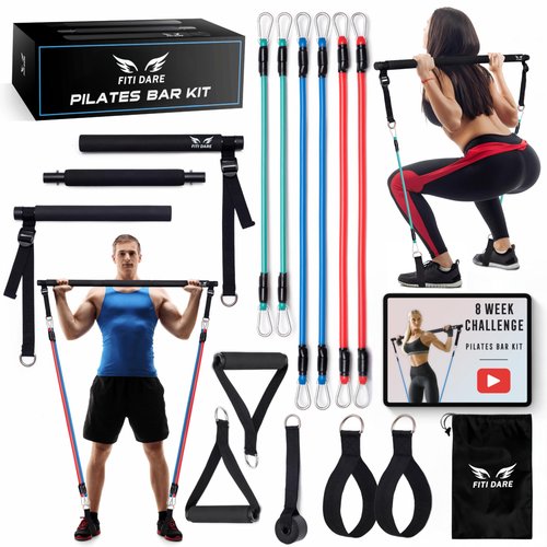 FITI DARE Multifunctional Pilates Bar Kit with Resistance Bands (25,30,35lb) and Videos | Portable Workout Equipment Home Gym for Women & Men of All Heights | Full Body Fitness Exercise Set