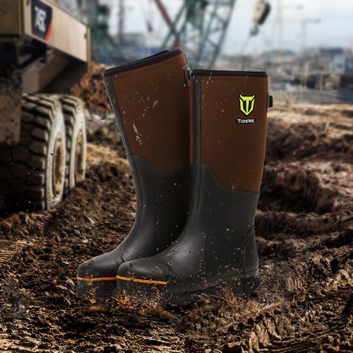 TIDEWE Rubber Work Boot for Men with Steel Toe & Shank, Waterproof Anti Slip Hunting Boot, 6mm Neoprene Hunting Boot for Manufacturing, Construction, Farming, Brown, Size 11