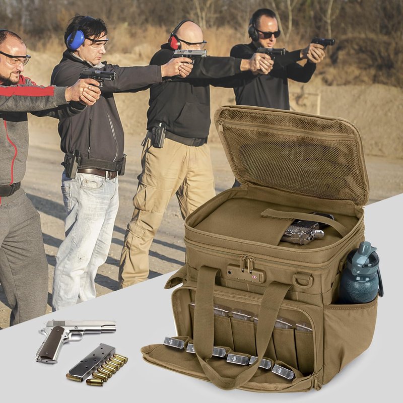 GOBUROS Tactical Gun Range Bag with 3 Pistols Capacity and TSA Lock, Gun Duffle Bag with 2 Small Pistol Cases and 12x Magazine Slots, Multi-Pockets for Hunting and Shooting Range Gear, Khaki