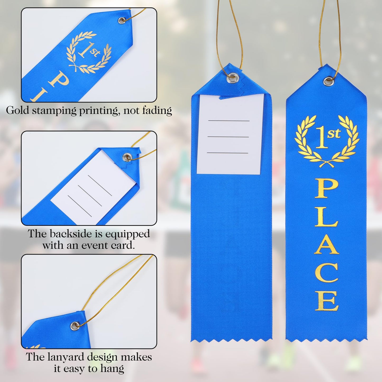 15 Pcs Award Ribbons, 1st 2nd 3rd 4th 5th Place Flat Prize Ribbons Set with Event Card and Rope, First Place Ribbon for Competition Sports Event School Contests(Blue+Red+White+Yellow+Green)