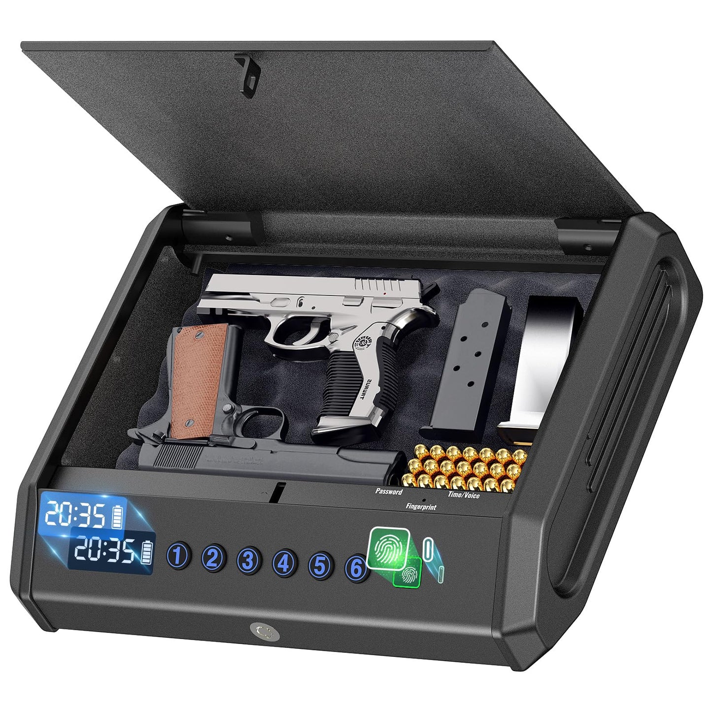 Biometric Gun Safe for Pistols Handgun Safe with Fingerprint Digital PIN Key Gun Lock Box Storage for Home Bedroom Bedside Nightstand and Car, 5-Ways unlock with Emergency Power Supply