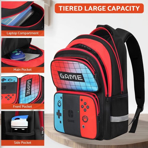 TILYTADLY School Backpack for Boys - 3pcs Gamer Boys Backpack with Lunch Box and Pencil Case for Kids Children Teens Elementary Middle School - HFHTDC Video Game Bookbag 17″ Large Capacity