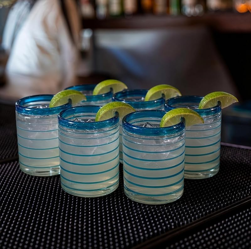 Aqua Spiral 10 oz Mexican Hand-Blown Tumbler Glasses Set of 6