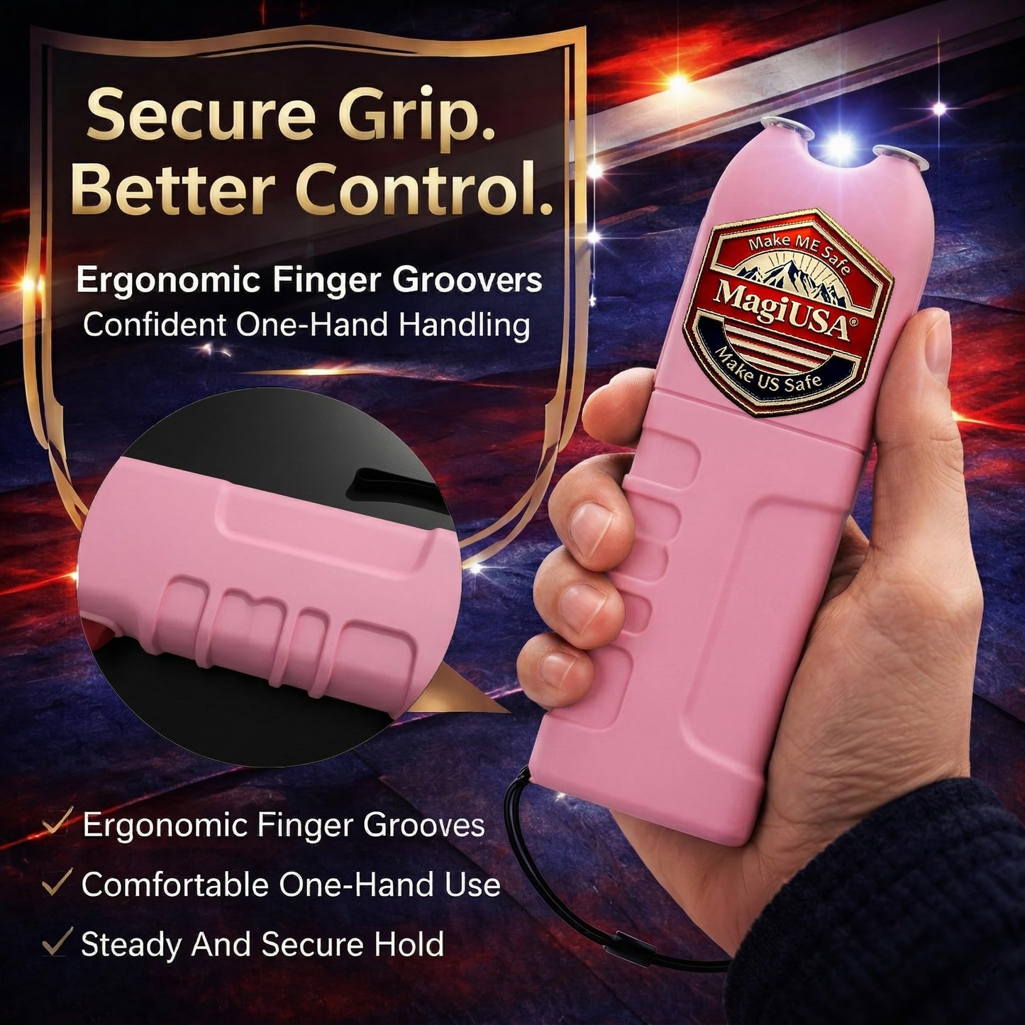 MagiUSA 989 Rechargeable Stun Gun for Self Defense, LED Flashlight, Pink