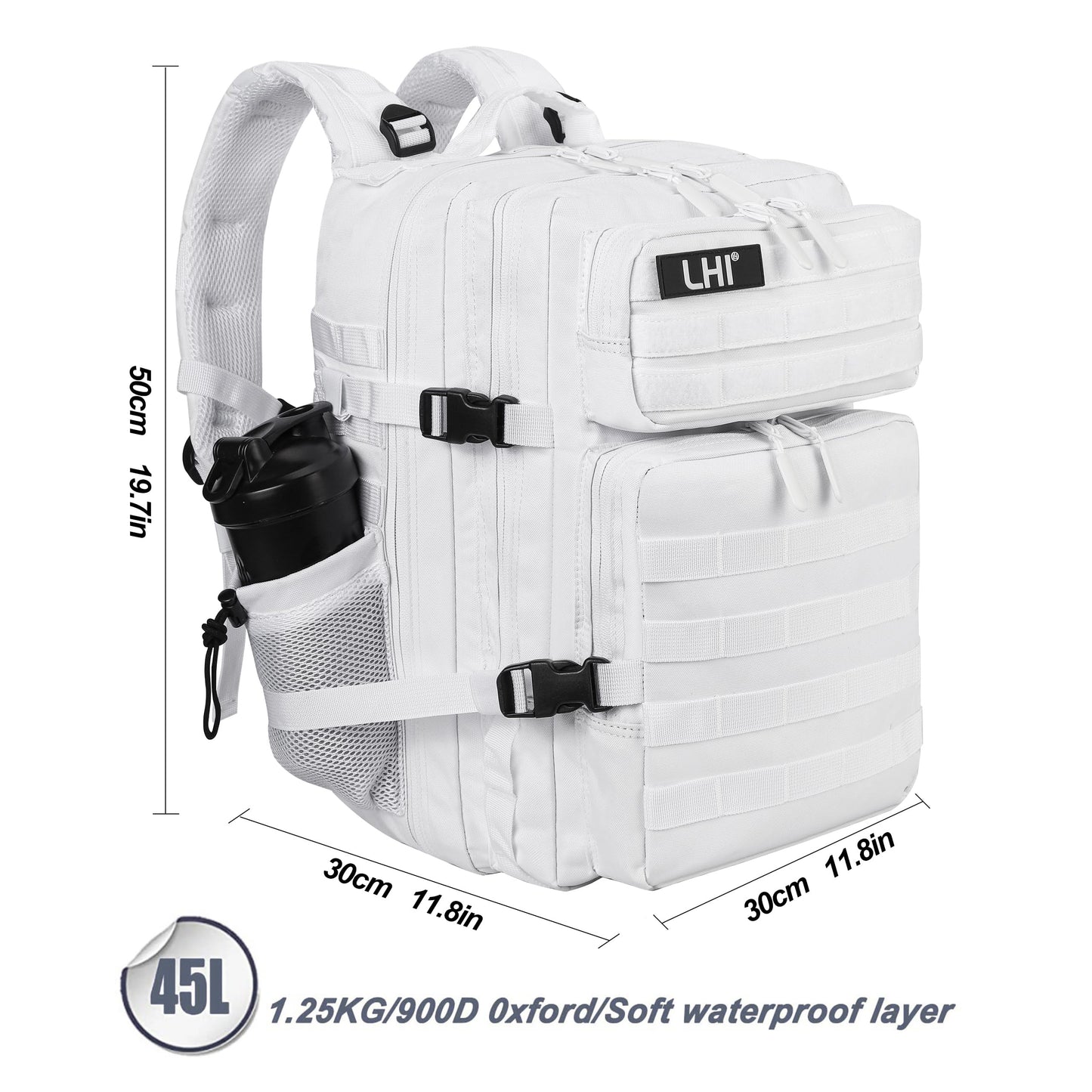 LHI Military Tactical Backpack for Men and Women 45L Army 3 Days Assault Pack Bag Large Rucksack with Molle System - White