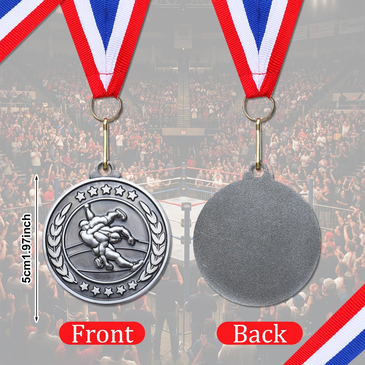 Remuuly 30 Pcs Silver Medals Bulk 2'' Basketball Soccer Volleyball Football Kickball Tennis Hockey Medals for Award Metal Trophy with Neck Ribbons for Sports Participation Tournament Gift (Wrestling)