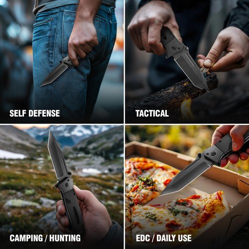Spring Assisted Heavy Duty Pocket Knife for Men with G10 Handle & Pocket Clip - 3.5" Tanto Blade - Folding Tactical Self Defense Japanese Knives - for Hunting Camping Military Survival Work EDC 6688 B