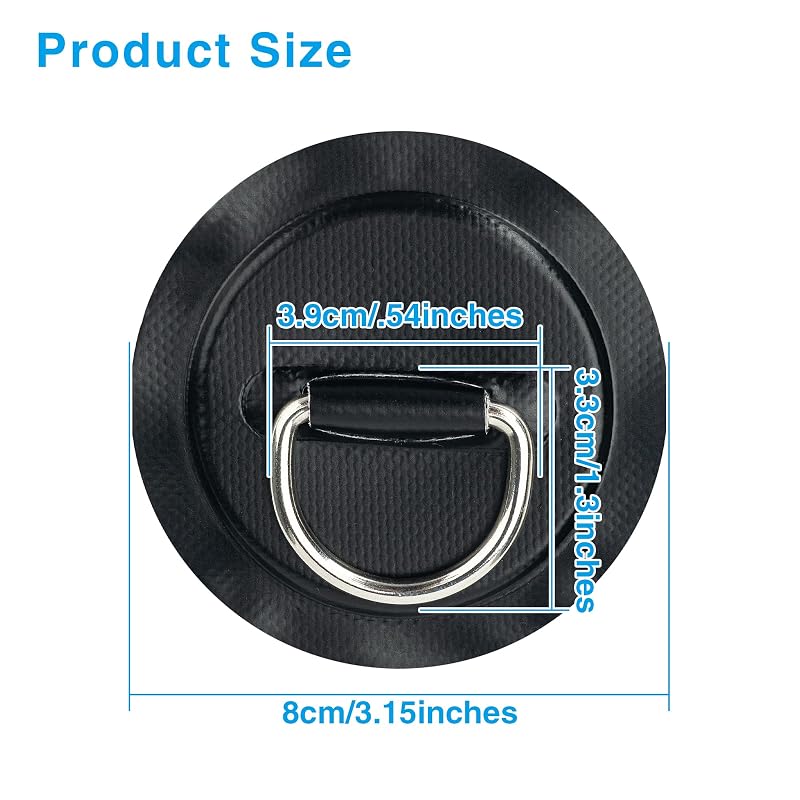 D-Ring Patch Kit for Kayak & SUP - 6x Black Stainless Steel Patches, No Glue Included