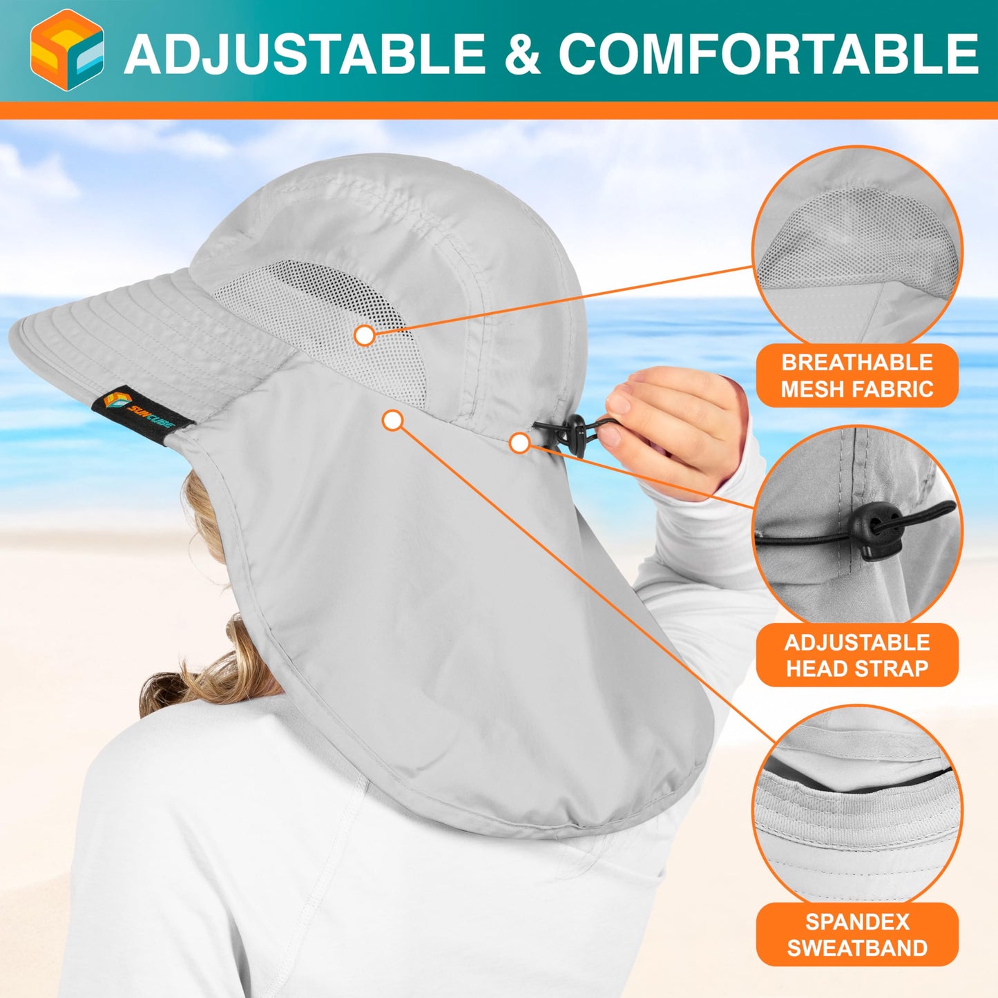 SUN CUBE Wide Brim Sun Hat with Neck Flap for Men Women Fishing, Light Gray