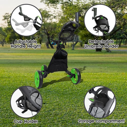 DRUIDS 3 Wheel Golf Club Caddy Cart : Easy Fold Pushing Golf cart, Adjustable Walker Trolley Golf Cart, Pull Type Golf Caddie with Cup, Umbrella Holder, Cooler, Green