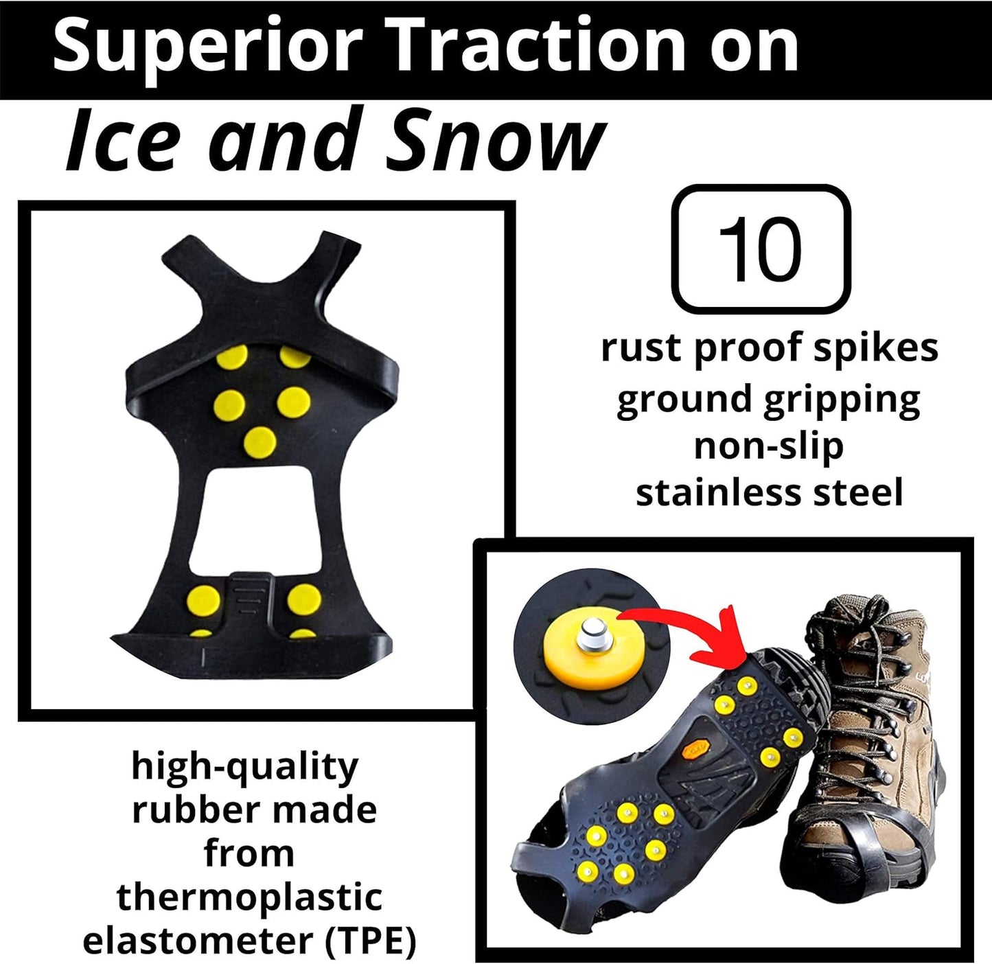 Ice Snow Traction Cleats - Lightweight Crampon Cleats for Walking on Snow & Ice - Anti Slip Grippers Fasten Quickly & Easily Over Footwear - Protable Grips for Shoes and Boots