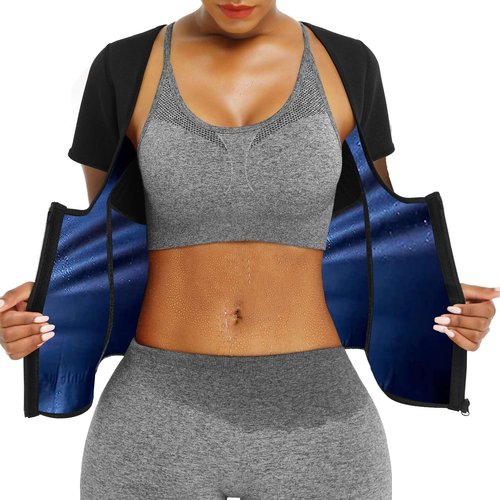 REMEBSWEAT Sauna Suit Shirt Waist Trainer For Women workout Set Short Sleeve,L