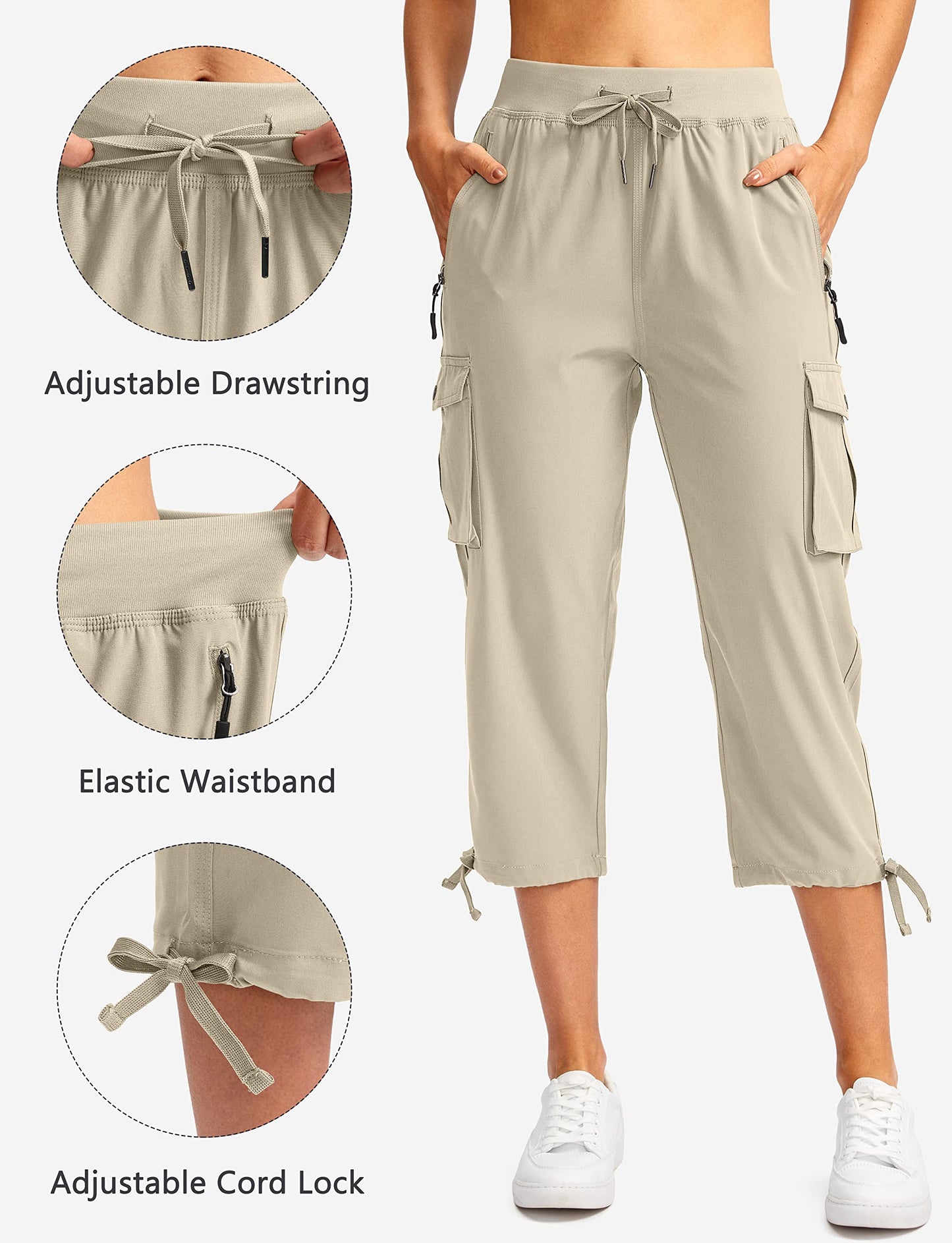 Soothfeel Women's Cargo Capris Pants with 6 Pockets Lightweight Quick Dry Travel Hiking Summer Pants for Women Casual (Khaki, XS)