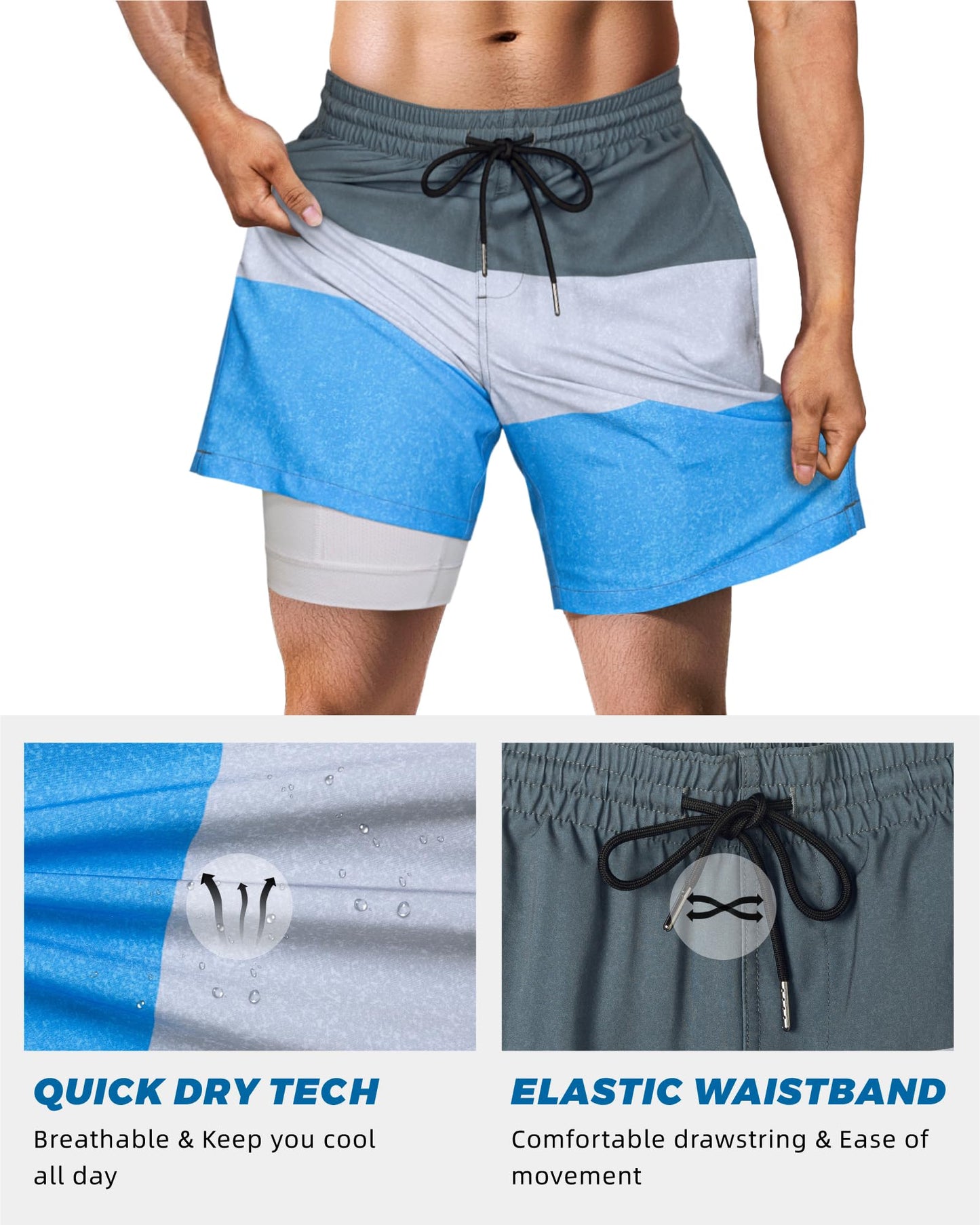 SURF CUZ Mens Swim Trunks with Compression Liner Quick Dry Swim Shorts 7" Swimming Trunks Stretch Zipper Pockets,Glacier Stripes,S