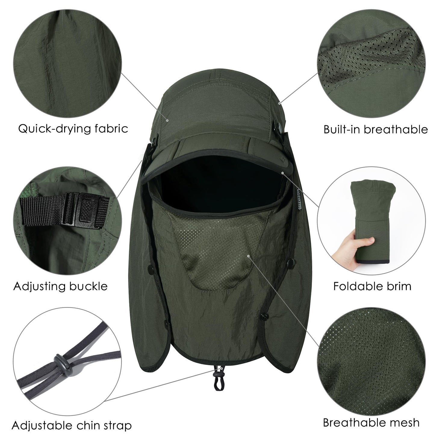 GADIEMKENSD Foldable Fishing Sun Hat with Neck Flap Face Cover Sun Protection Cool Baseball Cap Adjustment Covering Removable Legion Hat for Fishing Gardening Hiking Golf White