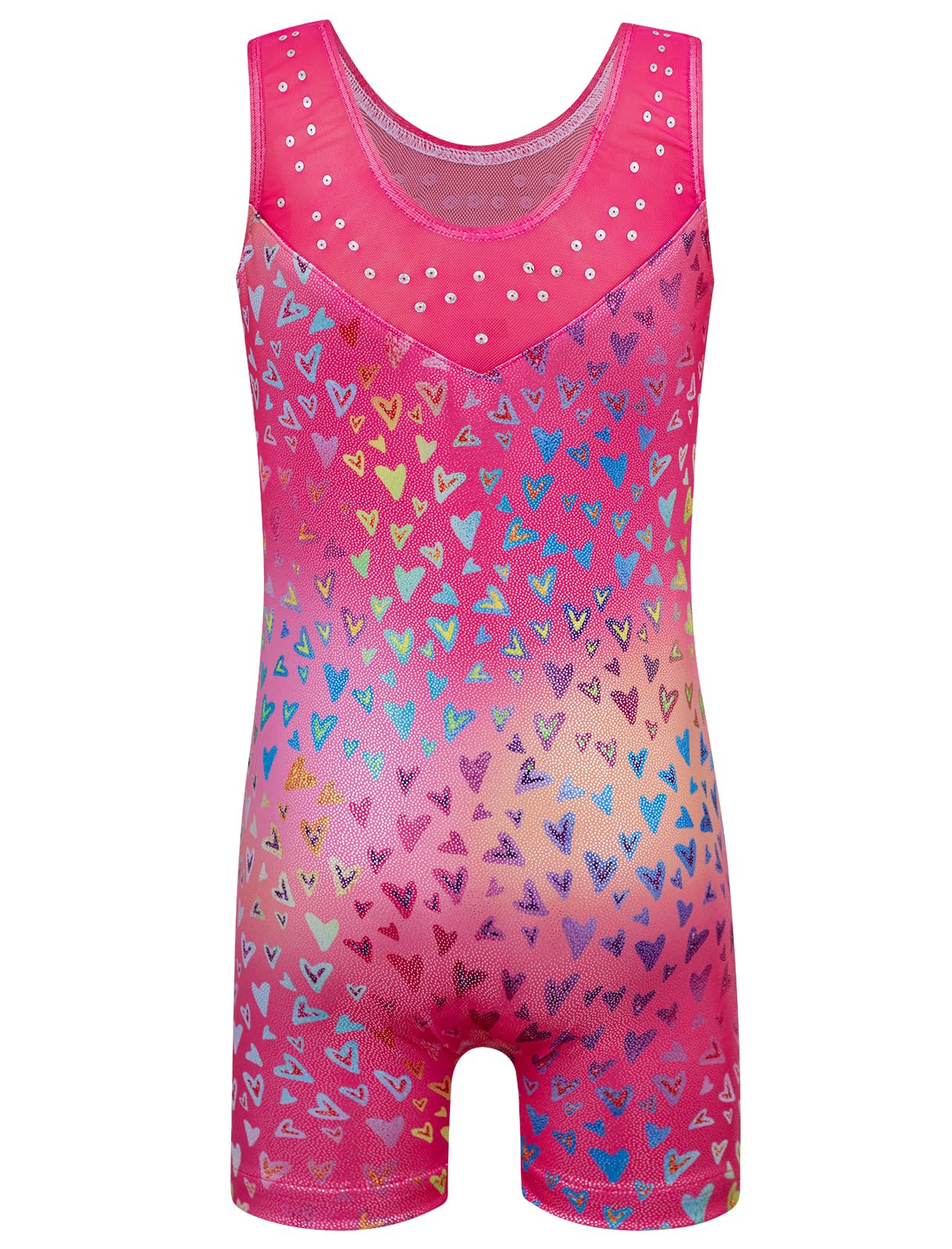 HOZIY Girls Leotards for Gymnastics Mesh Neckline with Iridescent Rhinestones Back Cut Out Sleeveless Size 7-8 Years Love Heart Biketard Shorts Tumbling Outfits Kids Sparkly Shiny