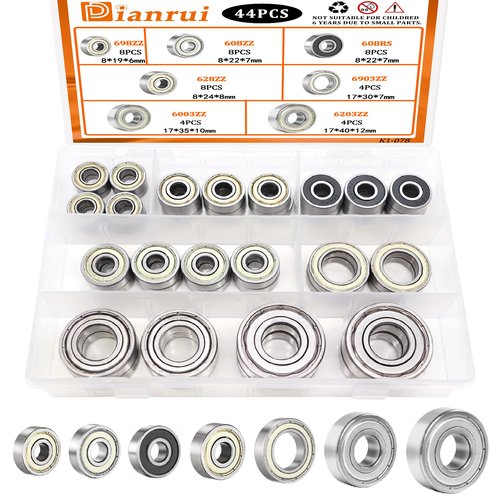 Dianrui Ball Bearings Assortment Kit 44 PCS—608RS/ 608ZZ/ 698ZZ/ 628ZZ/ 6903ZZ/ 6003ZZ/ 6203ZZ Small Bearings Kit for Skateboard Bearings, Furniture Wheel, Roller Skates, 3D Printing and ect—7 Molde