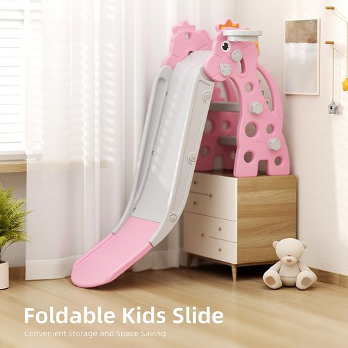 67i Toddler Slide for Indoor & Outdoor Play with Basketball Hoop, Anti-Slip Steps, 46.8in Baby Climber (Pink)