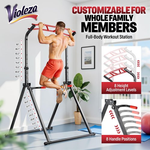 Violeza Foldable Pull Up Bar Dip Station, Adjustable Power Tower Pull Up Stand, Multi-Function Workout Tower Gym Strength Training Equipment for Home Outdoor, Triangular Design, Support 450lbs