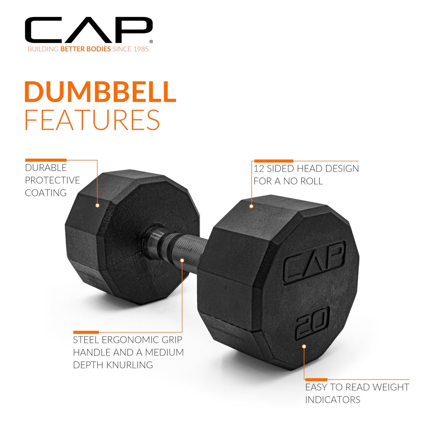 CAP 20 LB 12-Sided Rubber Coated Dumbbell Weight, Rubber Free Weights for Home Gym Strength Training, Black Oxide Handle, Pair